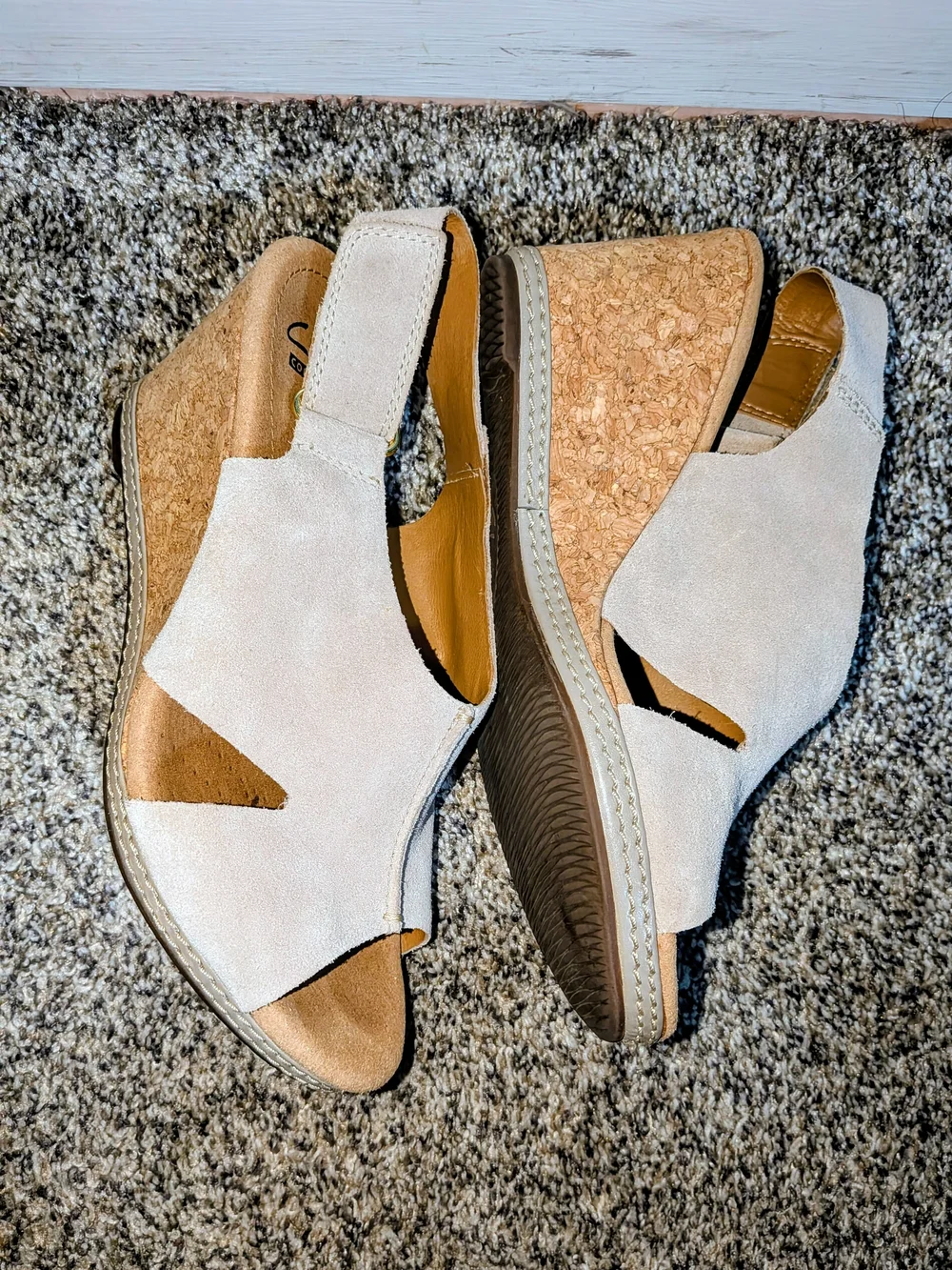Clarks Light Beige Suede Cork Wedge Sandals